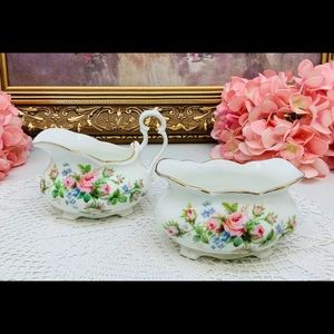 Royal Albert Moss Rose footed golden rim sugar and creamer set, England